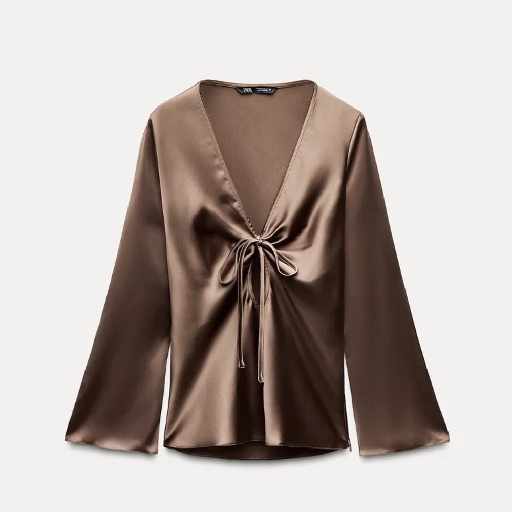 NWT Zara Chocolate Satin Effect Tied Top - XL